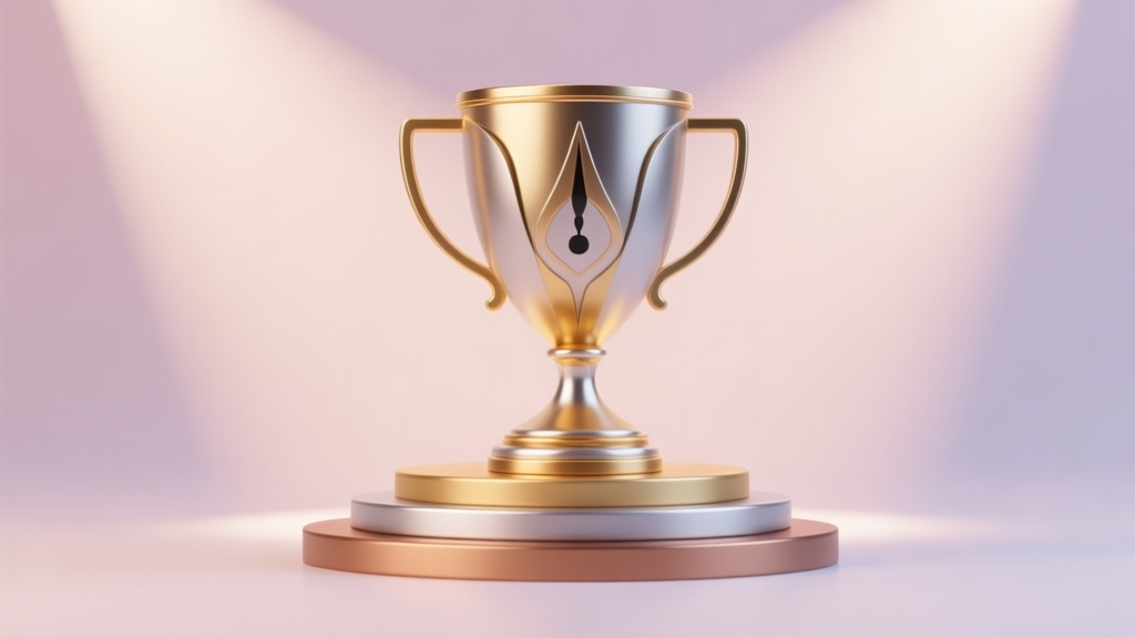 A minimalist, elegant trophy cup with abstract carrom striker design, sitting on a podium with gold, silver, and bronze levels, soft spotlight, pastel color background, clean 3D render style high quality illustration, detailed, 16:9