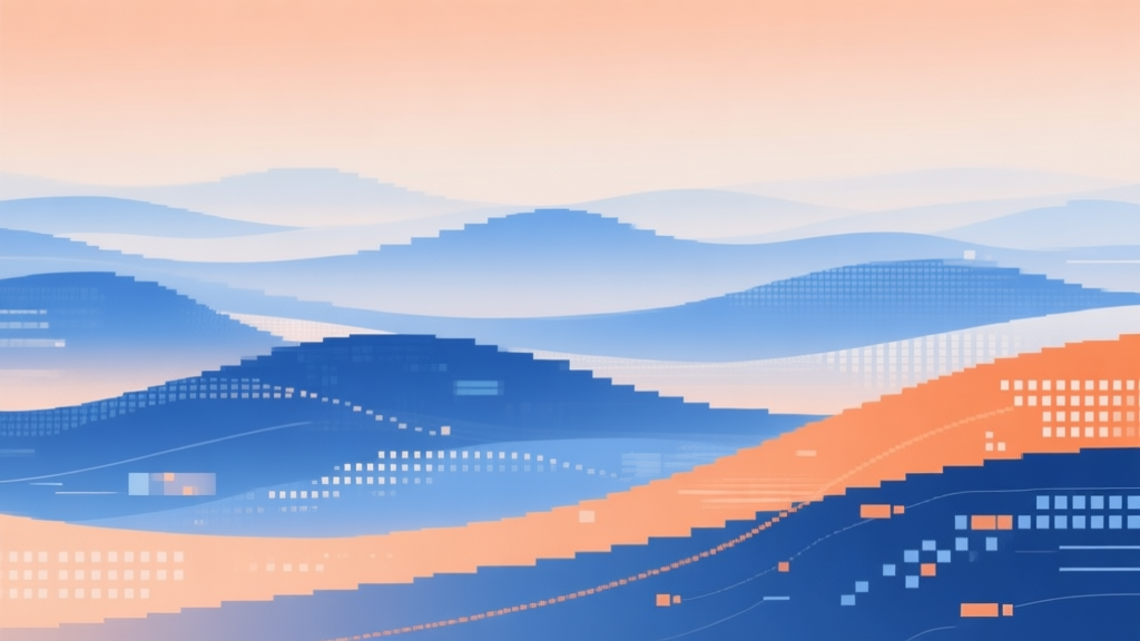 Abstract digital landscape with overlapping waves and pixelated elements, soft gradient of blue and orange, modern minimal style, representing merging trends and data flow high quality illustration, detailed, 16:9