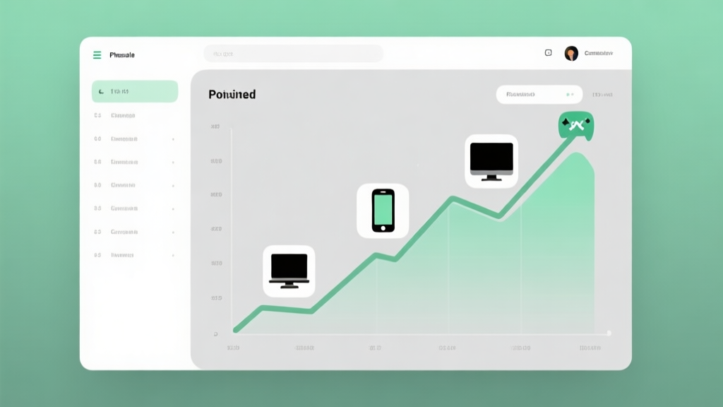Minimalist business dashboard showing a positive growth curve across multiple device icons (phone, PC, console), soft green and gray color scheme, clean data visualization high quality illustration, detailed, 16:9