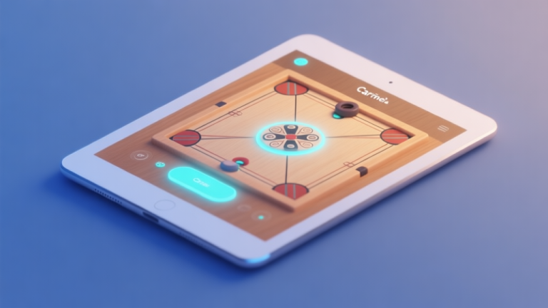 自动生成图片: A minimalist digital tablet showing a stylized Carrom board interface with subtle glowing elements, soft blue and warm wood tone color palette, clean and modern design, focused on user experience high quality illustration, detailed, 16:9