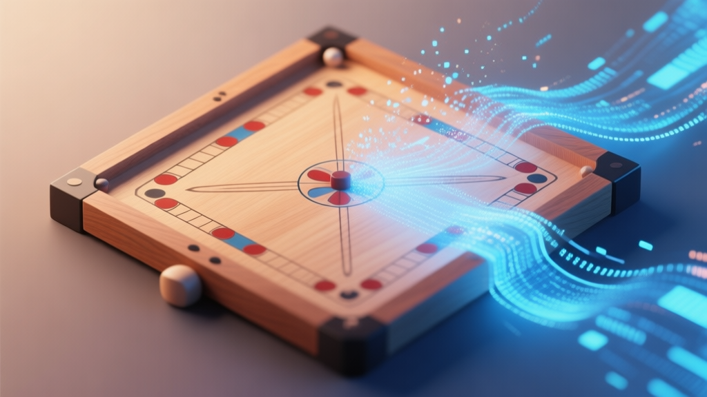 Abstract illustration showing a physical carrom board transforming into digital particles and data streams, soft gradient of warm wood tones blending with cool blue digital elements, minimalist style, smooth transition concept high quality illustration, detailed, 16:9