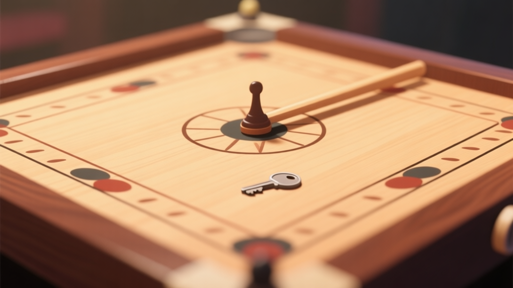 A top-down minimalist view of a carrom board mid-game, soft focus on the striker and a key piece, warm wood tones with soft shadows, clean and strategic atmosphere high quality illustration, detailed, 16:9