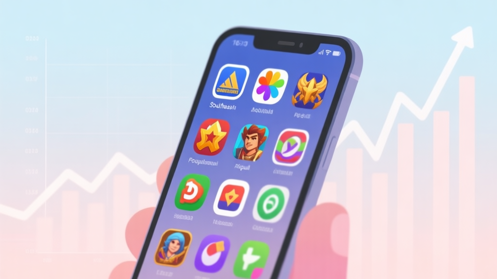 A smartphone screen showing multiple popular game app icons from a Southeast Asian perspective, with subtle graphs and upward trend lines in the background, soft pastel color palette, clean and modern digital illustration high quality illustration, detailed, 16:9