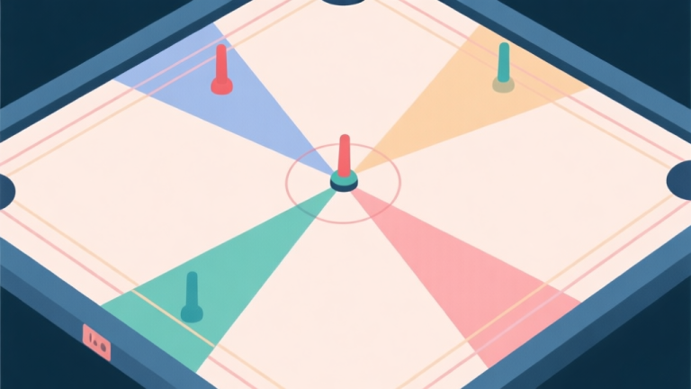 自动生成图片: A top-down minimalist illustration of a Carrom board with four distinct colored striker paths converging towards the center, soft pastel colors for each path, clean lines, abstract representation of teamwork and strategy high quality illustration, detailed, 16:9