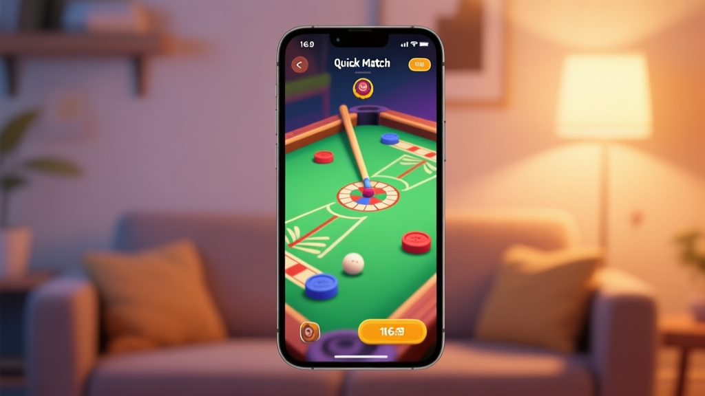 A smartphone screen showing a vibrant carrom board game interface in quick match mode, soft focus on the striker and pieces, warm ambient lighting, cozy home background, minimalist gaming aesthetic high quality illustration, detailed, 16:9