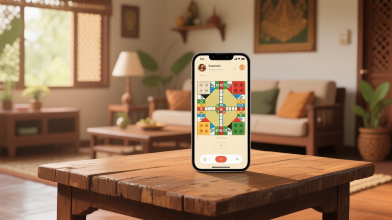 自动生成图片: A modern smartphone screen showing a classic board game interface, placed on a rustic wooden table in a cozy Indonesian living room setting, soft natural lighting, warm and inviting color palette high quality illustration, detailed, 16:9