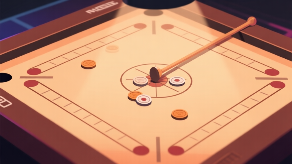 A minimalist, warm-toned illustration of a carrom board from a top-down view, with a striker and a few coins in play. Soft lighting, focus on geometry and strategy, no visible faces, professional and calm esports atmosphere high quality illustration, detailed, 16:9
