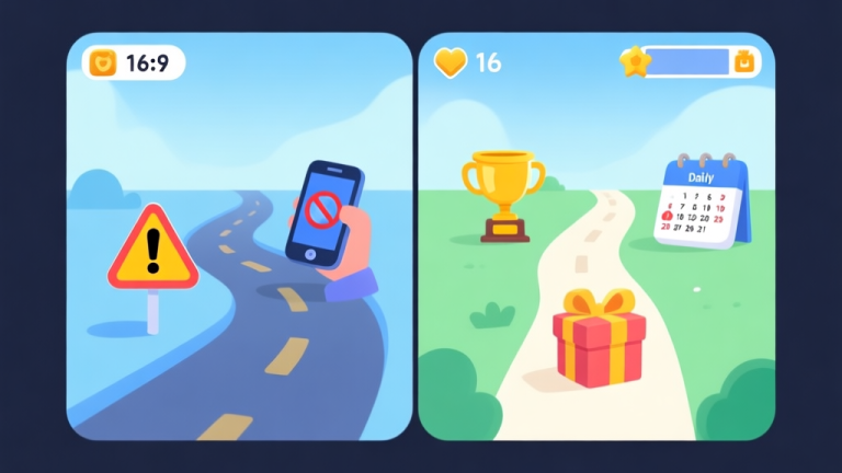 自动生成图片: A split-screen illustration showing a risky path with a warning sign and a phone with a banned symbol on one side, and a safe path with a trophy, daily login calendar, and gift boxes on the other, using a soft color palette of blues and greens, minimalist mobile game UI style high quality illustration, detailed, 16:9
