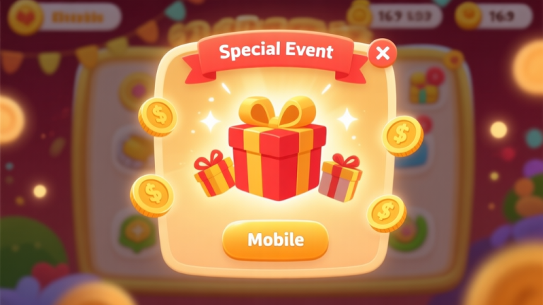 自动生成图片: A vibrant, festive mobile game interface showing a special event pop-up with gift boxes and coin icons, soft glowing effects, warm color palette of gold and red, clean and inviting digital illustration style high quality illustration, detailed, 16:9