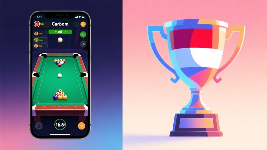 A split image showing a smartphone screen with Carrom Pool gameplay on one side, and a stylized, abstract trophy with Indonesian flag colors on the other, soft gradient background, modern digital art style high quality illustration, detailed, 16:9