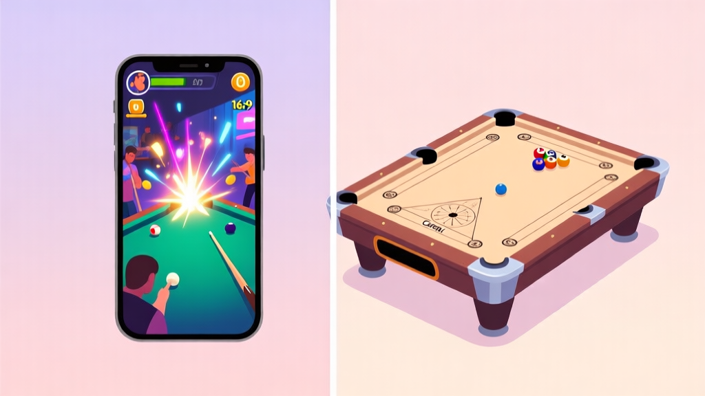 A split-screen illustration showing a vibrant, busy mobile game scene on one side (with flashy effects) and a calm, focused Carrom Pool board on the other. Soft pastel background, clean lines, highlighting contrast in gaming experience. high quality illustration, detailed, 16:9
