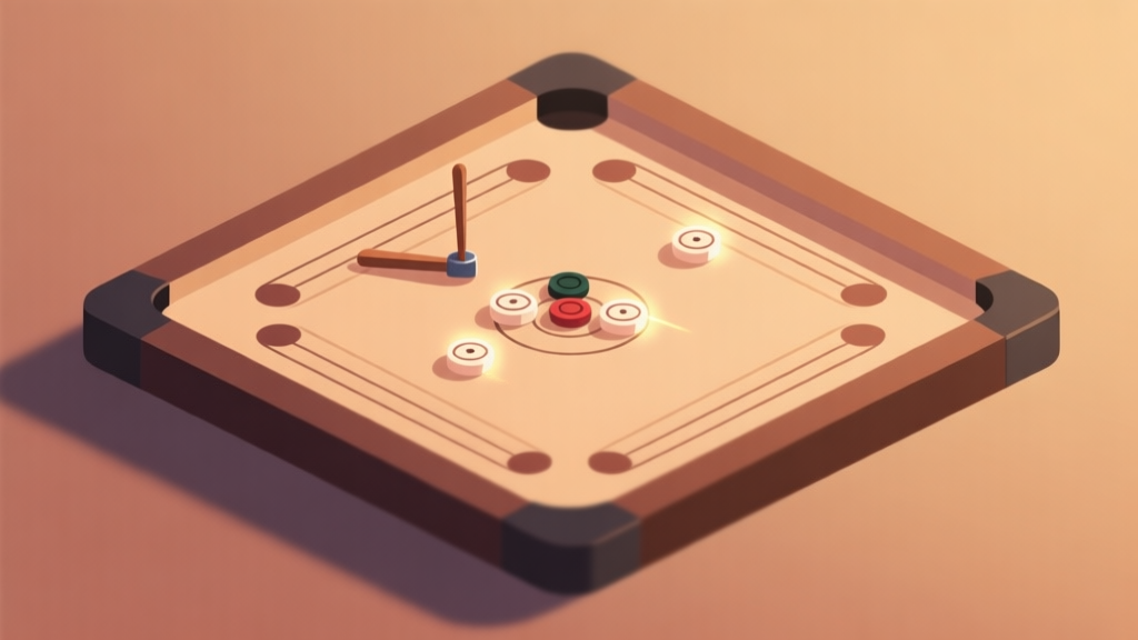 A stylized, minimalist illustration of a Carrom board viewed from above, with soft shadows and a gentle gradient background in warm, earthy tones. The striker and a few pieces are arranged neatly, with subtle glowing effects to suggest digital enhancement. high quality illustration, detailed, 16:9