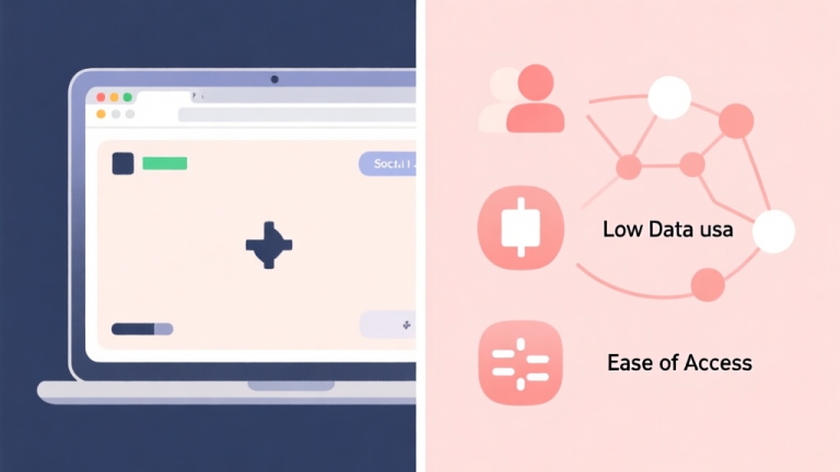 自动生成图片: A split-screen illustration showing a minimalist laptop browser window with a simple game UI on one side, and on the other side, abstract icons representing social connection, low data usage, and ease of access, all in a soft pastel color palette with clean lines high quality illustration, detailed, 16:9