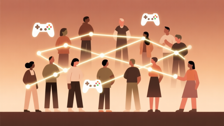 自动生成图片: Abstract illustration of a diverse group of people connected by glowing lines and game controller icons, set against a soft gradient background of warm earthy tones, symbolizing community and connection in gaming, minimalist style high quality illustration, detailed, 16:9