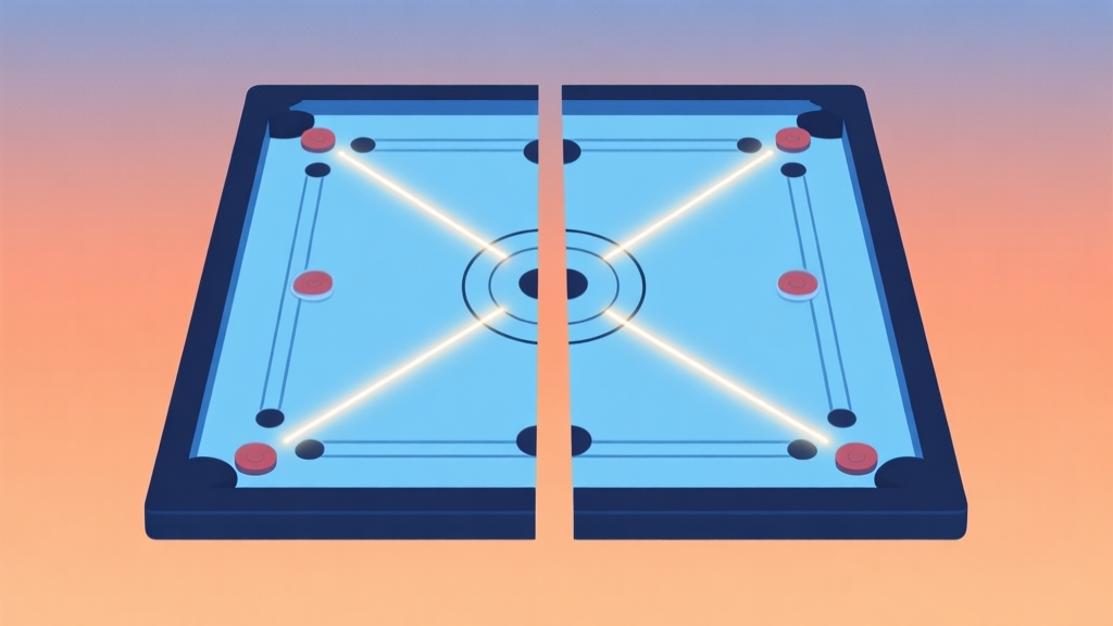 Abstract illustration of a carrom board split into two collaborative sides, showing glowing connection lines between paired striker pieces, soft blue and orange gradient background, minimalist digital art style high quality illustration, detailed, 16:9
