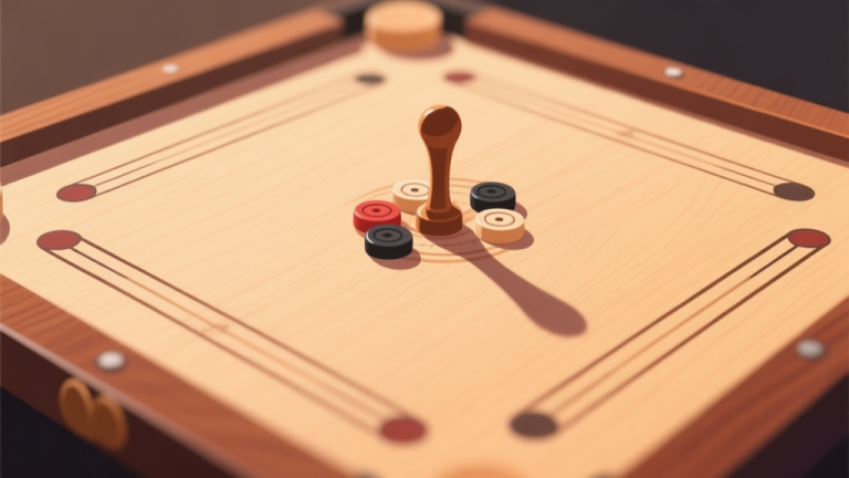 自动生成图片: A top-down, minimalist illustration of a Carrom board with a striker and pieces arranged, soft focus on the striker, warm wood tones and soft shadows, clean and professional composition high quality illustration, detailed, 16:9