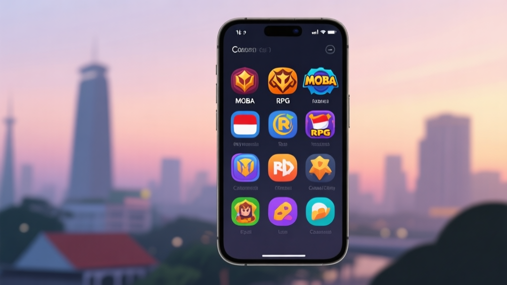 A modern smartphone screen displaying vibrant icons of popular mobile game genres in Indonesia, such as MOBA, RPG, and casual games, on a soft blurred background of an Indonesian cityscape at dusk, minimalist style, soft gradient colors high quality illustration, detailed, 16:9