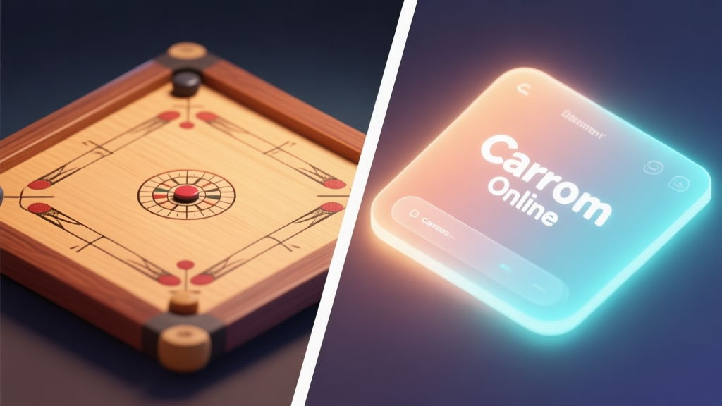 A split-screen image showing a traditional wooden carrom board on one side and a sleek digital interface of Carrom Online on the other, with subtle glowing effects on the digital side, soft warm and cool color contrast, minimalist composition high quality illustration, detailed, 16:9