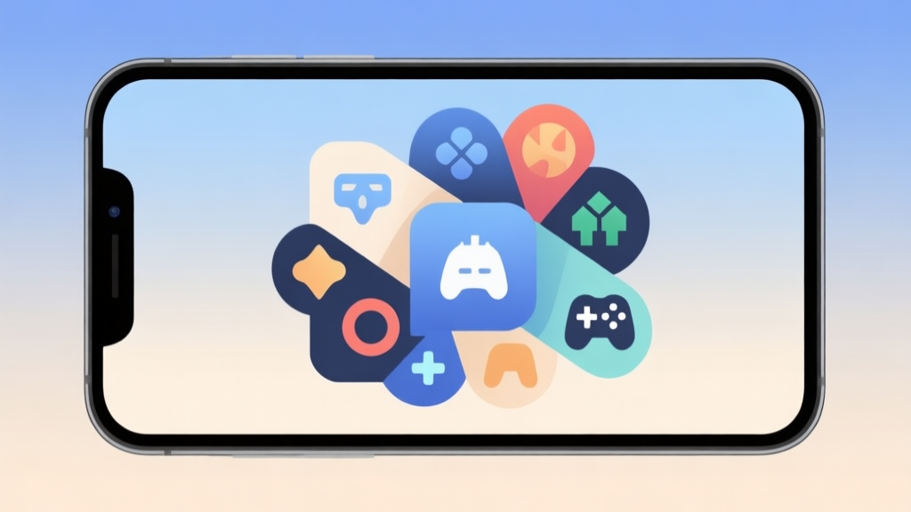 A modern smartphone screen showing overlapping abstract shapes representing different game genres merging together, soft gradient background of muted blue and beige, clean and minimalist design, symbolizing hybrid game trends high quality illustration, detailed, 16:9