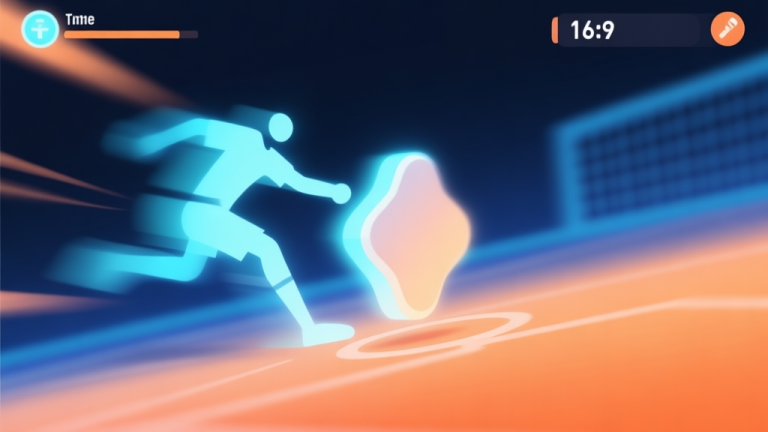 自动生成图片: Abstract composition of a glowing game interface with a stylized striker hitting a piece, soft gradient of blue and orange, dynamic motion blur effect, minimalist digital art style high quality illustration, detailed, 16:9