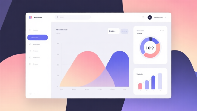 自动生成图片: Minimalist business dashboard with abstract data visualization, soft gradient background, professional color scheme, clean geometric shapes, flat design style high quality illustration, detailed, 16:9