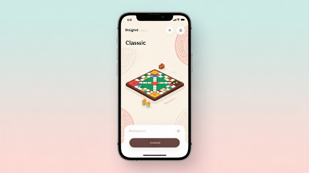 A modern smartphone screen displaying a beautifully redesigned classic board game interface, soft pastel background, clean minimalist aesthetic, with subtle Indonesian cultural motifs in the design high quality illustration, detailed, 16:9