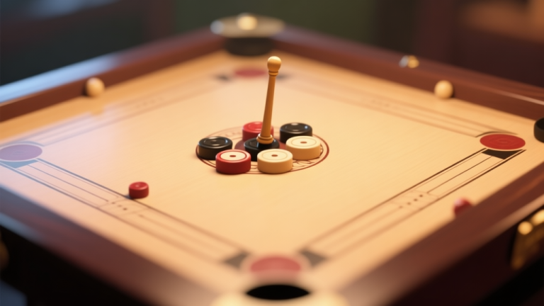 自动生成图片: A professional carrom board with pieces arranged in a strategic formation, soft focus on the striker, warm ambient lighting, top-down view, minimalist composition with blurred background high quality illustration, detailed, 16:9