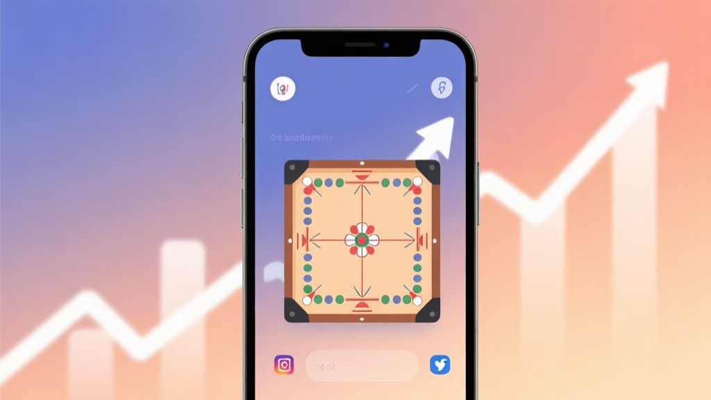 A minimalist abstract illustration showing a smartphone screen with a carrom board interface, overlayed with upward trending graphs and subtle social media icons, soft gradient background of warm and cool tones, clean modern design high quality illustration, detailed, 16:9