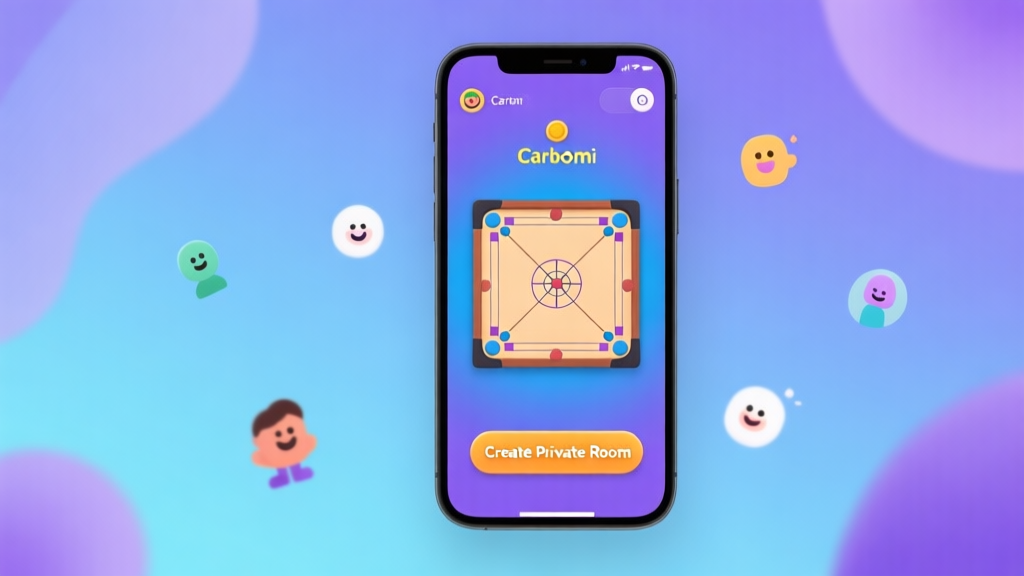 A modern smartphone screen displaying a vibrant Carrom board game interface, with a highlighted "Create Private Room" button. The background is a soft gradient of blue and purple, with abstract, friendly avatars and icons floating around, conveying a sense of community and exclusivity. Minimal and clean design. high quality illustration, detailed, 16:9
