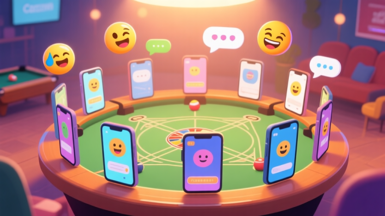 自动生成图片: A vibrant, friendly digital Carrom tournament scene showing multiple smartphone screens connected in a circle, with playful emojis and chat bubbles floating above, soft warm lighting, cozy and inviting atmosphere, illustration style high quality illustration, detailed, 16:9