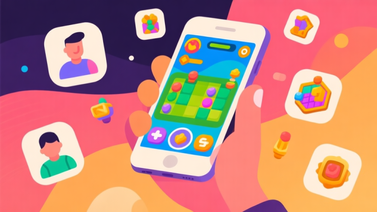 自动生成图片: A vibrant, abstract illustration showing a hand holding a smartphone with a colorful game interface, surrounded by floating icons of avatars, game boards, and collectible items, in a modern flat design style with a warm, inviting color palette high quality illustration, detailed, 16:9