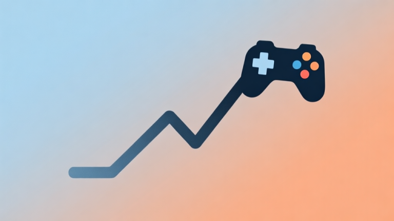 自动生成图片: A minimalist abstract illustration showing a rising trend line merging with a game controller icon, soft gradient background in muted blues and oranges, clean modern design for a professional business concept high quality illustration, detailed, 16:9