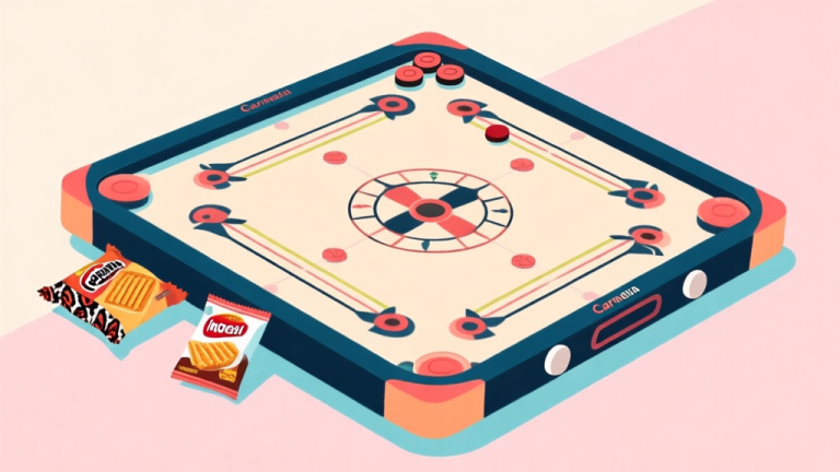 自动生成图片: A vibrant and modern illustration showing a digital Carrom board merging with iconic Indonesian brand elements like batik patterns and local snack packaging, soft pastel background, clean and engaging design, symbolizing collaboration high quality illustration, detailed, 16:9