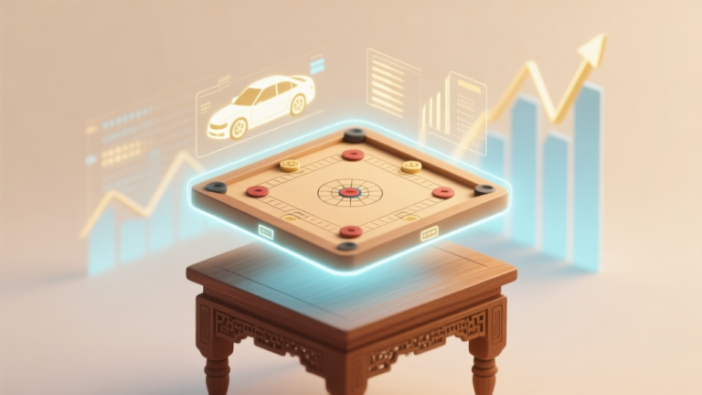 自动生成图片: A modern, minimalist illustration of a glowing digital carrom board floating above a traditional wooden one, with soft data visualizations like rising graphs in the background, using a warm and professional color palette of beige, soft blue, and gold high quality illustration, detailed, 16:9