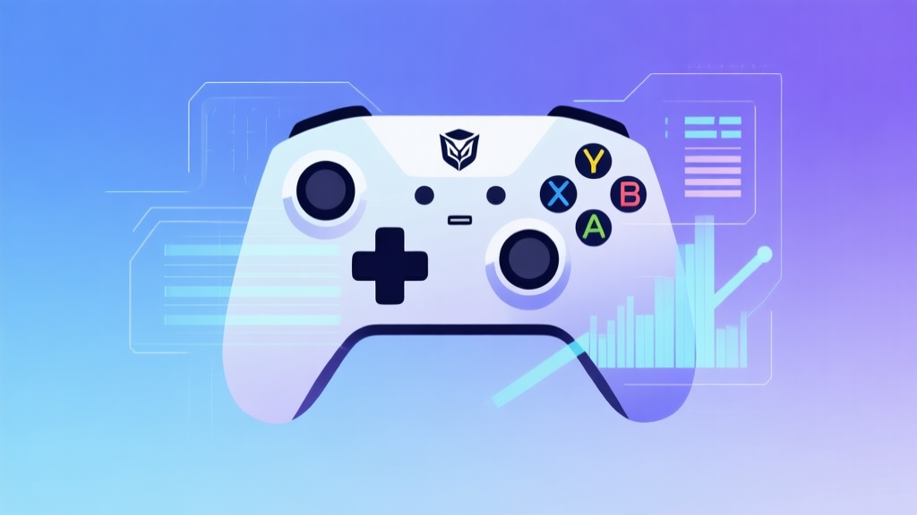 A modern, minimalist illustration of a gaming controller with abstract data visualization overlays, soft gradient background in calming blues and purples, clean lines representing skill progression, professional esports concept high quality illustration, detailed, 16:9