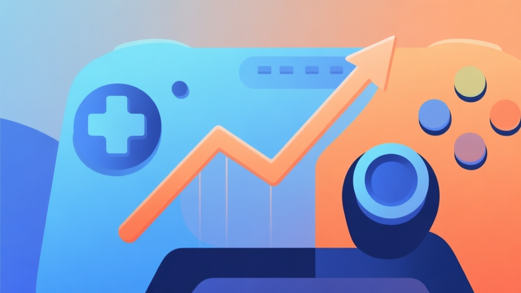 Abstract illustration of a rising trend line merging with game controller elements, soft gradient of blue and orange, clean modern design, data visualization style high quality illustration, detailed, 16:9