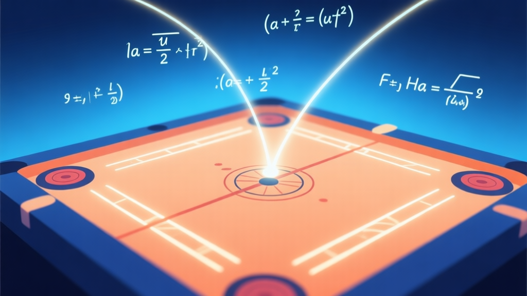 Abstract visualization of a carrom board with glowing trajectory lines and mathematical formulas floating above, soft gradient of blue and orange, clean digital illustration style, representing hidden game mechanics high quality illustration, detailed, 16:9