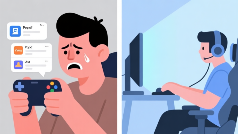 自动生成图片: A split-screen illustration showing a frustrated mobile gamer on one side with pop-up ads, and a calm, focused gamer on the other with a clean interface, using a soft color palette of blues and grays, minimalist design high quality illustration, detailed, 16:9
