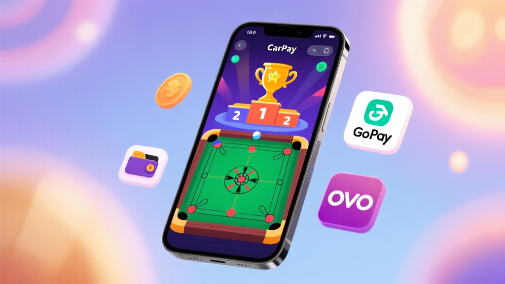 A modern smartphone screen showing a vibrant Carrom game interface mid-tournament, with a winner's podium graphic and digital wallet icons (GoPay, OVO) floating beside it, soft glowing background, digital art style high quality illustration, detailed, 16:9