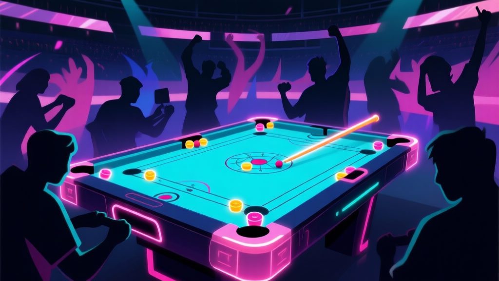 A dynamic and celebratory esports scene illustration, focusing on a digital carrom board with glowing striker and pieces, surrounded by abstract silhouettes of enthusiastic gamers in a modern arena, soft neon accents on dark background, digital art style high quality illustration, detailed, 16:9