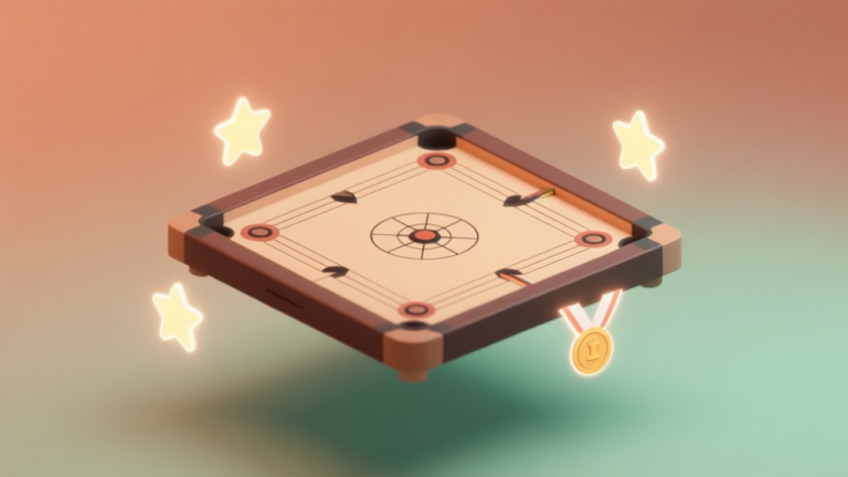 自动生成图片: A modern, minimalist illustration of a Carrom board floating in a digital space, with subtle glowing ranking icons (like stars or medals) around it, on a soft gradient background of warm Indonesian-inspired colors like terracotta and sage green high quality illustration, detailed, 16:9