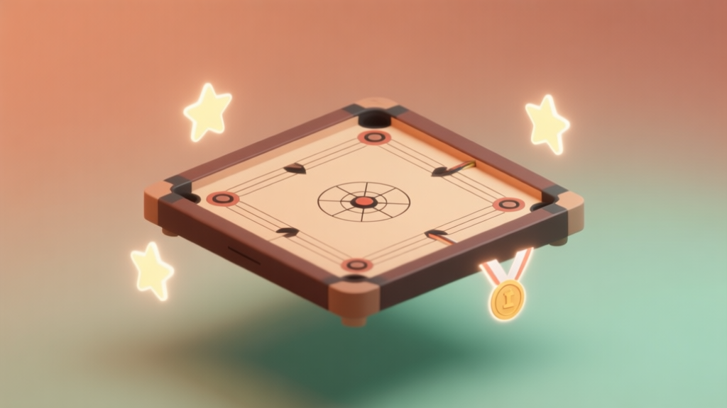 A modern, minimalist illustration of a Carrom board floating in a digital space, with subtle glowing ranking icons (like stars or medals) around it, on a soft gradient background of warm Indonesian-inspired colors like terracotta and sage green high quality illustration, detailed, 16:9