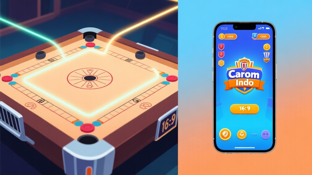 A split-screen illustration showing a classic carrom board on one side with glowing striker paths, and on the other side, a modern smartphone displaying a vibrant Carrom Indo game interface with tournament banners, soft blue and orange gradient background, clean digital art style high quality illustration, detailed, 16:9