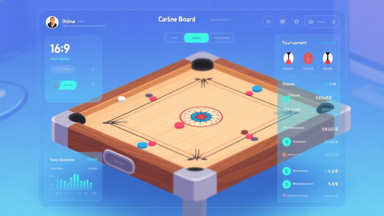 自动生成图片: A modern digital interface showing an online carrom board game in progress, with subtle data overlays indicating player count and tournament stats, soft blue and warm wood tone color scheme, clean and inviting aesthetic high quality illustration, detailed, 16:9