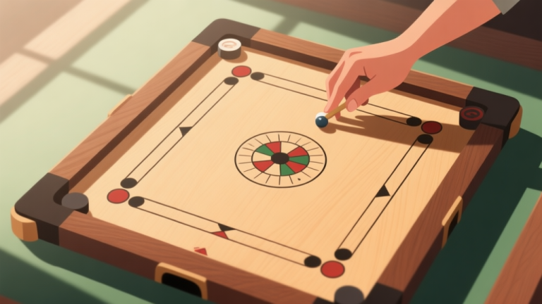 自动生成图片: A top-down view of a carrom board in a serene, focused environment, soft natural lighting, a hand poised for a precise strike, minimalist composition with warm wood tones and soft shadows high quality illustration, detailed, 16:9