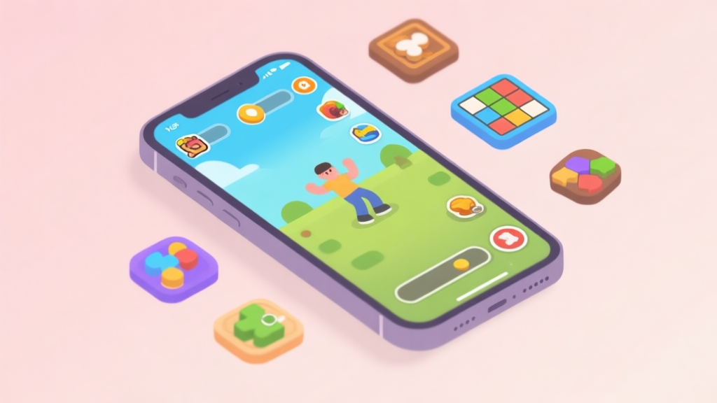 A smartphone screen showing a popular casual game interface, surrounded by subtle icons of other casual game genres like puzzles and board games, soft pastel background, modern minimalist illustration style high quality illustration, detailed, 16:9