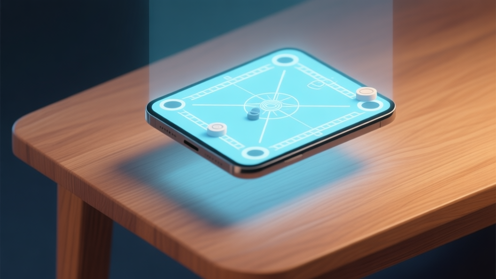A smartphone screen floating above a wooden table, projecting a glowing, minimalist Carrom board diagram with abstract pieces, soft blue and warm wood tones, clean and futuristic aesthetic high quality illustration, detailed, 16:9