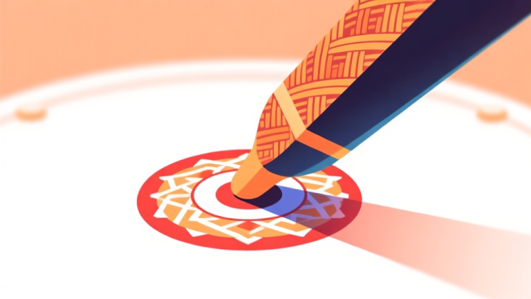 自动生成图片: A vibrant and modern digital illustration showing a stylized Carrom striker piece merging with a iconic Indonesian pattern (like batik or woven texture), on a soft gradient background of white and light orange, clean and celebratory design high quality illustration, detailed, 16:9