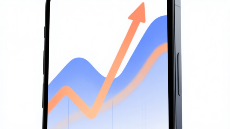 自动生成图片: A modern smartphone screen showing a minimalist graph with an upward trend line, blending soft blues and warm oranges, set against a clean white background, representing market growth and positive trends in a professional abstract style high quality illustration, detailed, 16:9