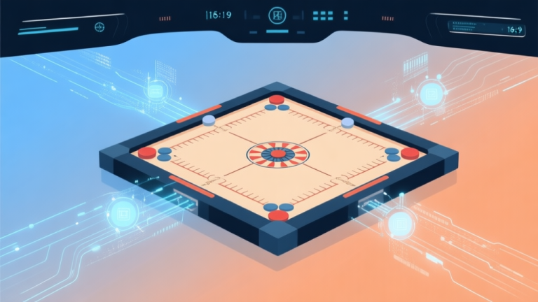 自动生成图片: Abstract futuristic dashboard showing converging lines from a traditional carrom board into digital nodes and data streams, soft gradient of blue and orange, minimalist and clean visual, representing the fusion of traditional and digital high quality illustration, detailed, 16:9